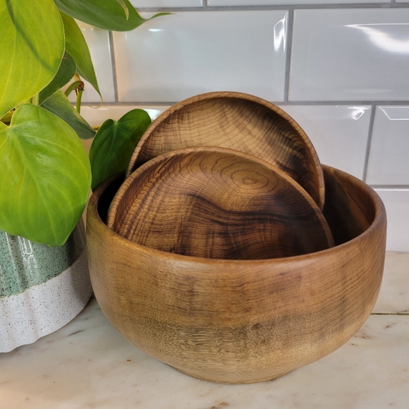 Vintage Hand Turned Myrtle Wood 3 Piece Bowl Set Made in USA, The Wooden Nickel - Picture 7 of 8